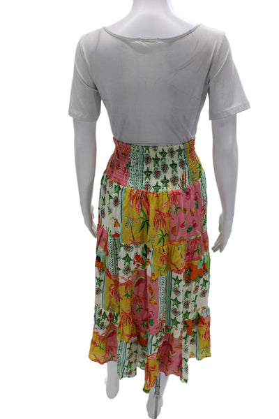 Felicite Womens Peasant Midi Skirt Multicolor Floral Linen Blend Pull On Size 3
