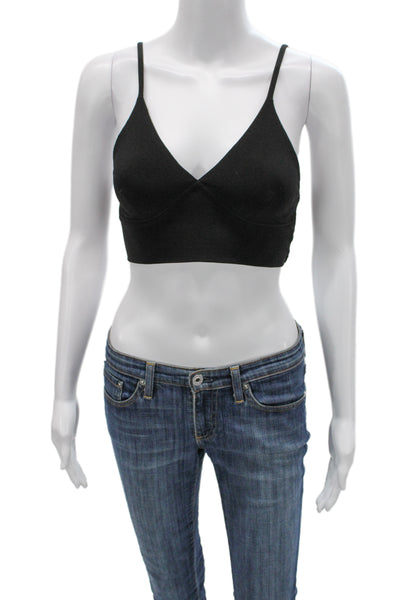 Norma Kamali Womens Spaghetti Strap Stretch Knit V Neck Sports Bra Black Size XS