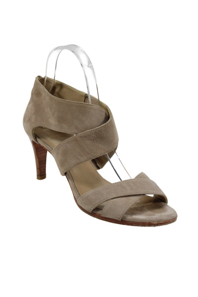 Stuart Weitzman Womens Suede Cross Strap Sandal Heels Beige Size 6.5 Medium
