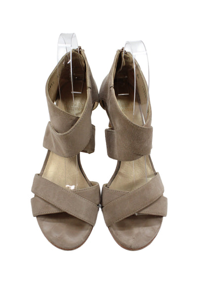 Stuart Weitzman Womens Suede Cross Strap Sandal Heels Beige Size 6.5 Medium