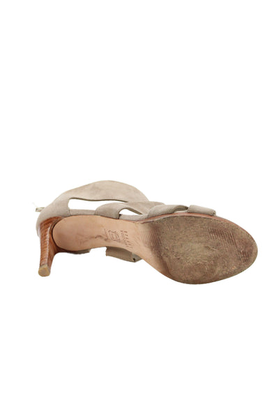 Stuart Weitzman Womens Suede Cross Strap Sandal Heels Beige Size 6.5 Medium