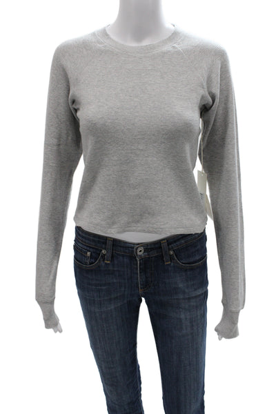 Amo Women Basic Gray Striped Cotton Crew Neck Long Sleeve T-Shirt Size XS