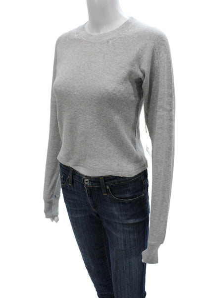 Amo Women Basic Gray Striped Cotton Crew Neck Long Sleeve T-Shirt Size XS
