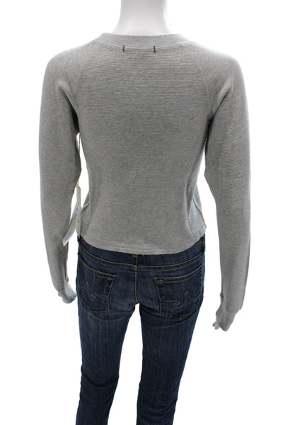 Amo Women Basic Gray Striped Cotton Crew Neck Long Sleeve T-Shirt Size XS