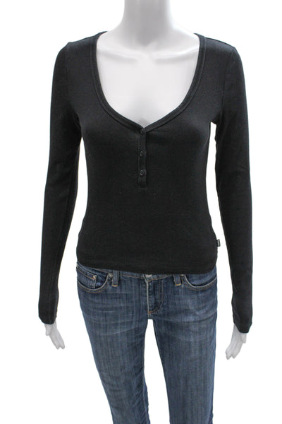 TNA Womens Basic Henley Long Sleeve Gray T Shirt Button Size S