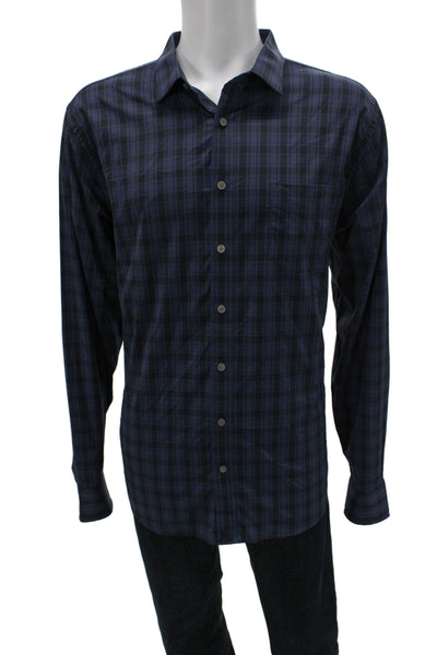 Untuckit Mens Plaid Collared Long Sleeve Button Up Shirt Navy Size 2XL