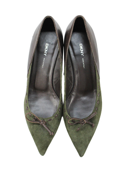 DKNY Women's Suede Leather Bow Slip-On kitten Heel Shoes Green Size 5.5