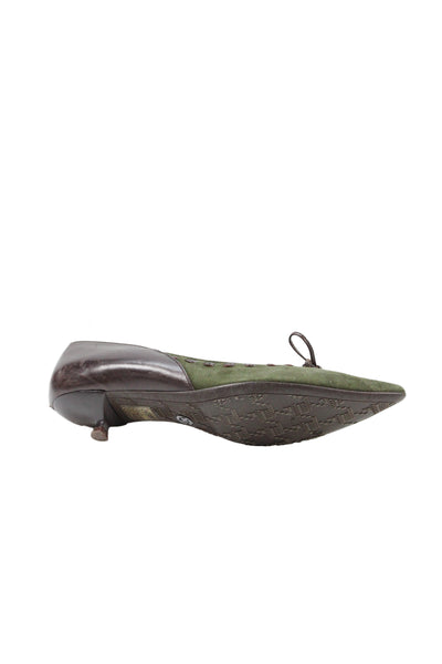 DKNY Women's Suede Leather Bow Slip-On kitten Heel Shoes Green Size 5.5