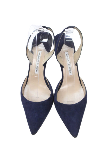 Manolo Blahnik Womens Suede Pointed Toe Slingbacks Pumps Navy Blue Size 40 10