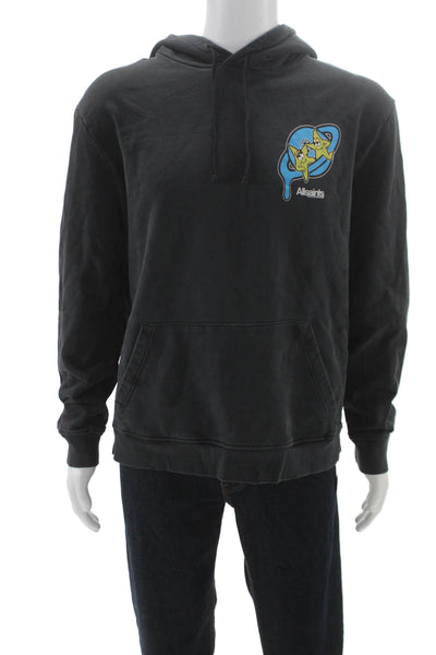 Allsaints Mens Black Space Graphic Pullover Hoodie Drawstring Crew Neck Size L
