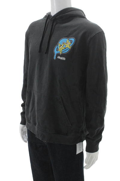 Allsaints Mens Black Space Graphic Pullover Hoodie Drawstring Crew Neck Size L