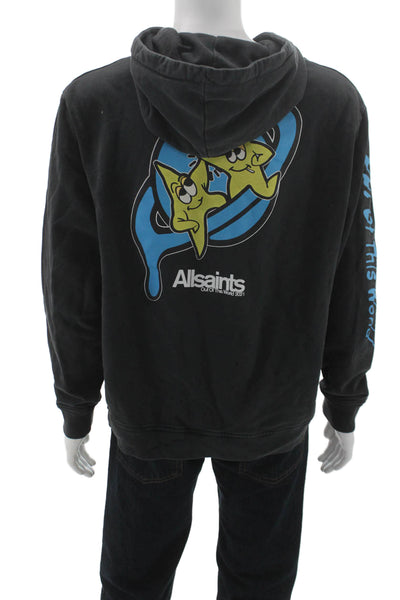 Allsaints Mens Black Space Graphic Pullover Hoodie Drawstring Crew Neck Size L