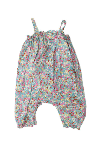 Bonpoint Girls Spaghetti Strap Square Neck Floral One Piece Blue Cotton Size 6M