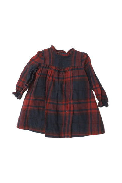 Bonpoint Girls Long Sleeve Crew Neck Knit Plaid Dress Navy Brown Size 18M