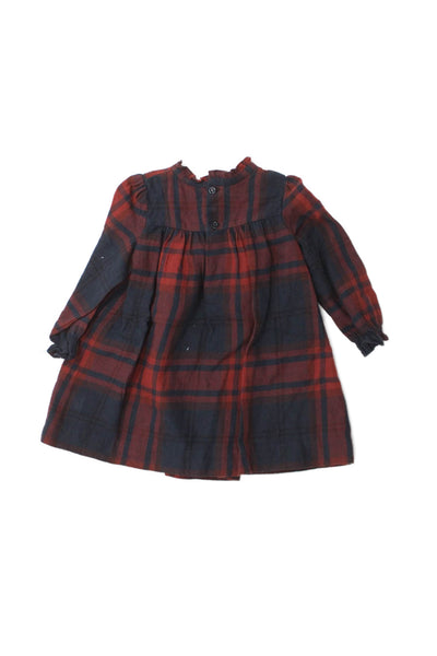 Bonpoint Girls Long Sleeve Crew Neck Knit Plaid Dress Navy Brown Size 18M