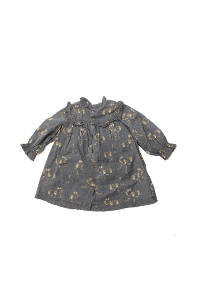 Bonpoint Girls Long Sleeve Crew Neck Lace Trim Floral Dress Gray Size 12M