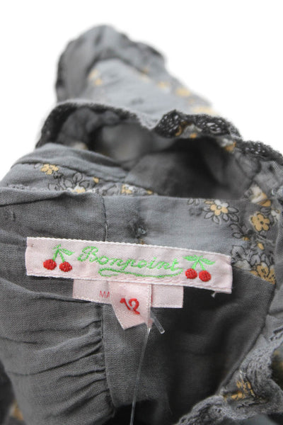 Bonpoint Girls Long Sleeve Crew Neck Lace Trim Floral Dress Gray Size 12M