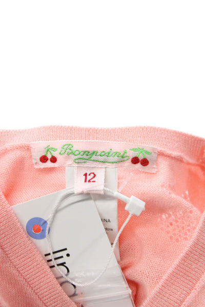 Bonpoint Girls Button Front Logo Open Knit Cardigan Sweater Pink Cotton Size 12M