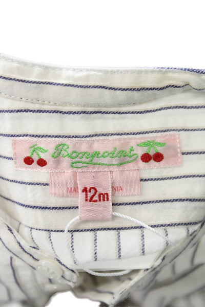 Bonpoint Girls Button Front Long Sleeve Crew Neck Striped Shirt White Navy 12M