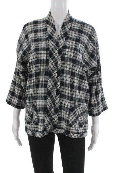Madewell Womens Kimono Blouse Black Plaid 100% Cotton V Neck 3/4 Sleeve Size S