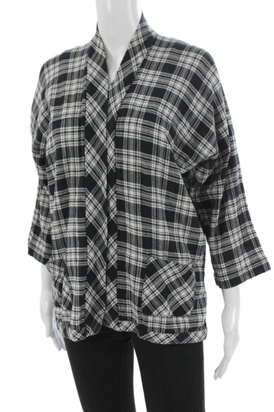 Madewell Womens Kimono Blouse Black Plaid 100% Cotton V Neck 3/4 Sleeve Size S