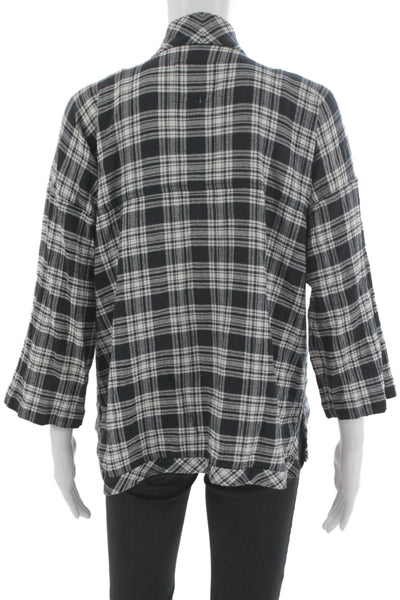 Madewell Womens Kimono Blouse Black Plaid 100% Cotton V Neck 3/4 Sleeve Size S