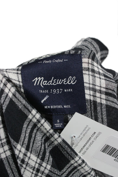 Madewell Womens Kimono Blouse Black Plaid 100% Cotton V Neck 3/4 Sleeve Size S