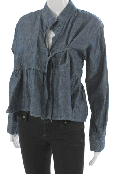 Citizens of Humanity Women Denim Collared Tie Blouse Blue Size S