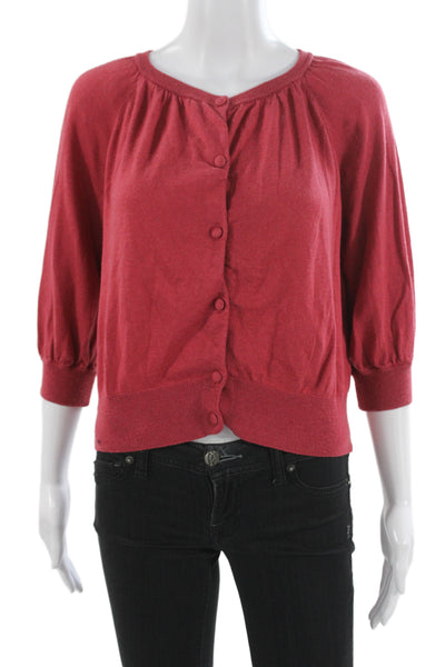 CO Women Cardigan Red Silk Blend Round Neck 3/4 Sleeve Classic Size M
