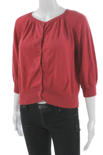 CO Women Cardigan Red Silk Blend Round Neck 3/4 Sleeve Classic Size M