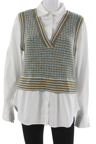 Veronica Beard Unisex Fair Isle Merino Wool Sweater Vest V-Neck Button Size M