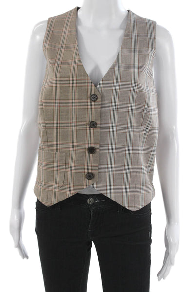 Drew Women Plaid Sleeveless Button Vest Beige Size L