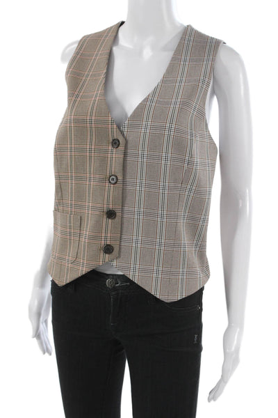 Drew Women Plaid Sleeveless Button Vest Beige Size L