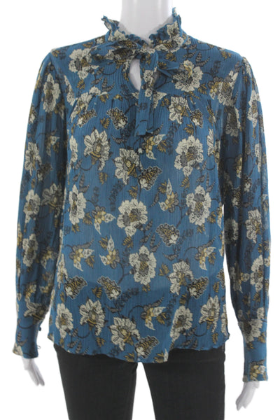 Derek Lam 10 Crosby Women Blue Floral High-Neck Tie Blouse Long Sleeve Size 0