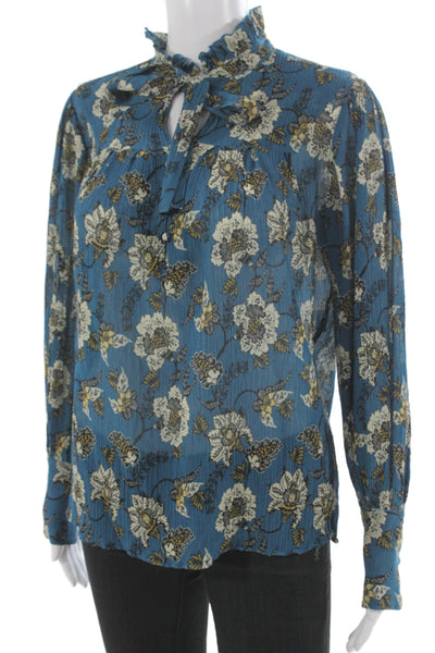 Derek Lam 10 Crosby Women Blue Floral High-Neck Tie Blouse Long Sleeve Size 0