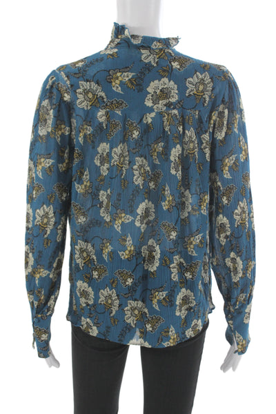 Derek Lam 10 Crosby Women Blue Floral High-Neck Tie Blouse Long Sleeve Size 0