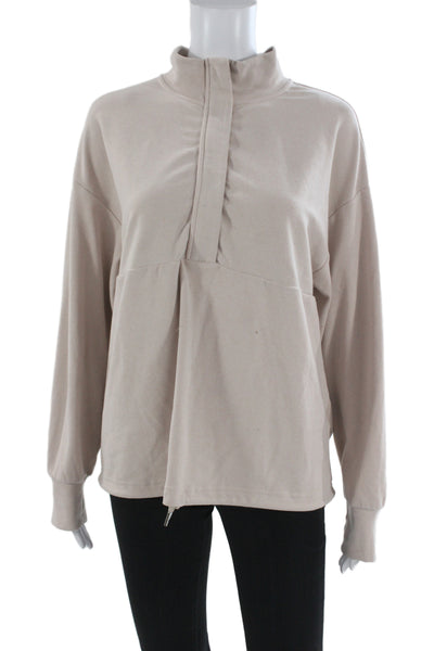 Varley Women High Neck Pullover Beige Polyester Blend Long Sleeve Size S