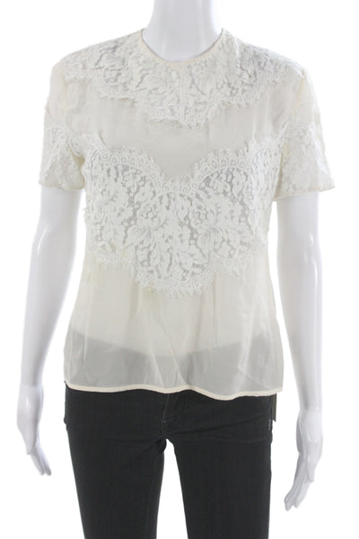 Lover Womens Basic Silk Blouse Ivory Round Neck Short Sleeve Button Size 4