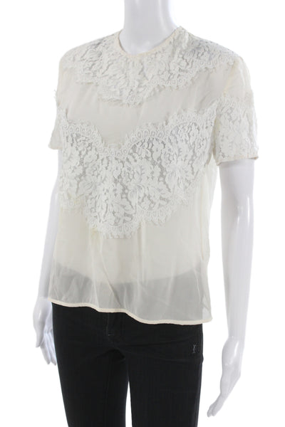 Lover Womens Basic Silk Blouse Ivory Round Neck Short Sleeve Button Size 4