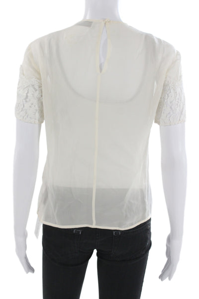 Lover Womens Basic Silk Blouse Ivory Round Neck Short Sleeve Button Size 4