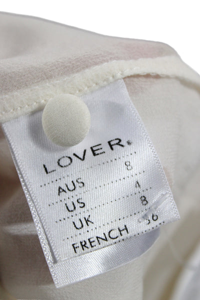 Lover Womens Basic Silk Blouse Ivory Round Neck Short Sleeve Button Size 4