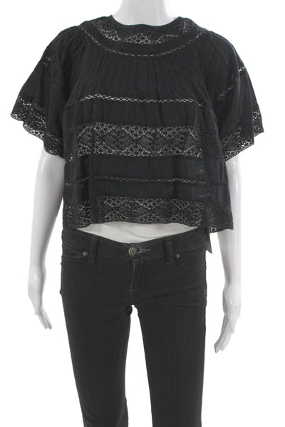 Love Shack Fancy Womens Cropped Black Cotton Blouse Size 0