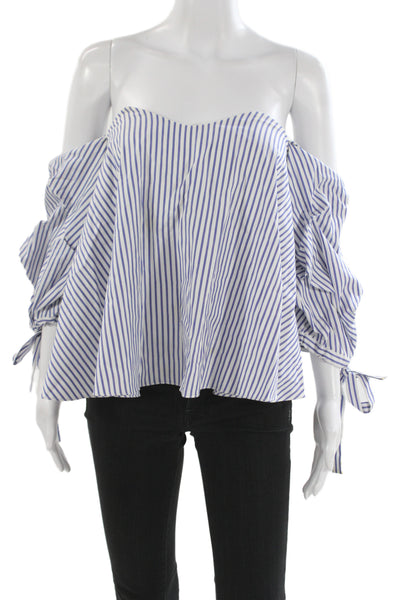Caroline Constas Women Blue Striped Off Shoulder 3/4 Sleeve Blouse Size XS