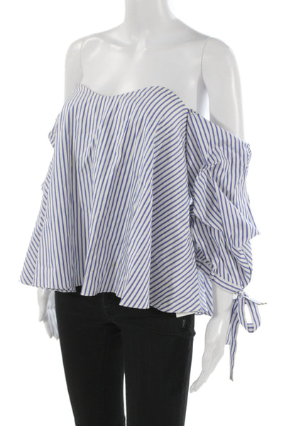 Caroline Constas Women Blue Striped Off Shoulder 3/4 Sleeve Blouse Size XS