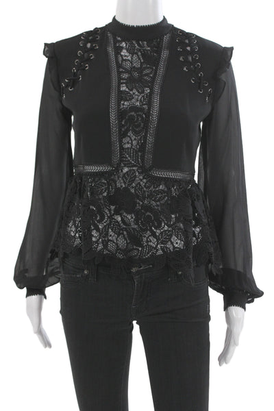 Self Portrait Women Black Lace Up High Neck Long Sleeve Blouse Basic Size 2