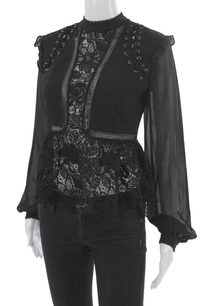 Self Portrait Women Black Lace Up High Neck Long Sleeve Blouse Basic Size 2