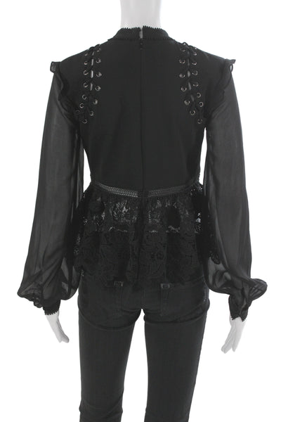Self Portrait Women Black Lace Up High Neck Long Sleeve Blouse Basic Size 2