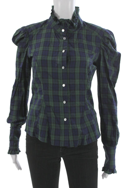 Petersyn Womens Basic Plaid Cotton High Neck Button Long Sleeve Blouse Size XS