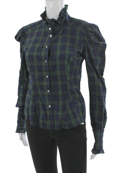 Petersyn Womens Basic Plaid Cotton High Neck Button Long Sleeve Blouse Size XS