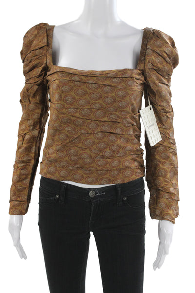 Khaite Womens Paisley Viscose Square Neck Long Sleeve Blouse Brown Size 2